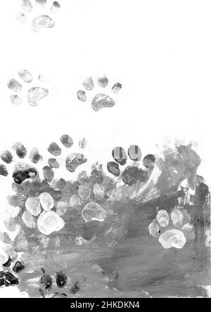 Fußabdrücke von Hunden oder Katzen auf Papier. Farbspuren. Monochrome Textur. Hintergrund in Grautönen. Illustration mit Farben auf Papier. Stockfoto