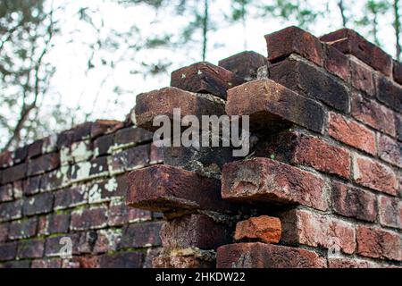 Orrville, Alabama, USA - 26. Januar 2021: Backsteinruinen der historischen St. Paul's African Methodist Episcopal Church im Old Cahawba Archaeological Park - Stockfoto