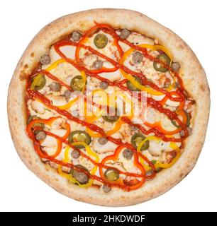 Leckere italienische klassische original Pepperoni Pizza. Draufsicht. Isoliert auf Weiß Stockfoto