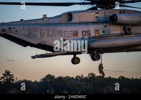 Ein Flieger der 820th Base Defence Group, 93d Air Ground Operations Wing, feile Seile aus einem Marine Corps CH-53 „Super Hengst“ Hubschrauber auf der Moody Air Force Base, Georgia, 17. November 2021. Der 93d Air Ground Operations Wing, das Marine Heavy Helicopter Squadron 366 und das Army National Guard Warrior Training Center führten ein schnelles Seiltraining durch, um den Einsatz von Personal aus einem Hubschrauber an Orten zu üben, an denen der Hubschrauber selbst nicht anfassen kann. (USA Luftwaffe Foto von 1st LT. Katie Tamesis) Stockfoto