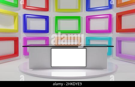 Weißer Tisch und farbenfroher Hintergrund in einem Nachrichtenstudio.3D Rendering. Stockfoto