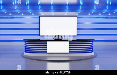 Blauer Tisch und lcd-Hintergrund in einem Nachrichtenstudio.3D Rendering. Stockfoto