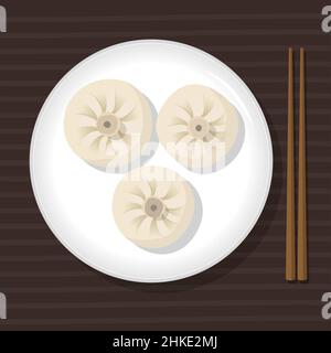 Xiaolongbao chinesische Dumplins, orientalisch-asiatische gesunde Ernährung Mahlzeit auf dem Teller. Vektorgrafik. Einfaches, flaches Stockbild. Gedämpftes traditionelles xiao Long Stock Vektor