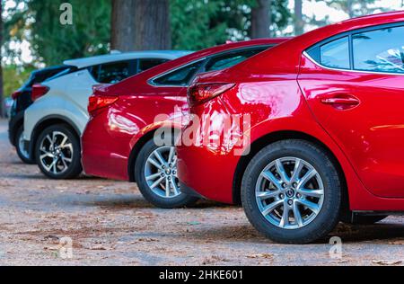 Autos auf dem Parkplatz geparkt. Nahaufnahme des hinteren, hinteren Seite des roten Autos mit anderen Autos Parken auf dem Parkplatz im Freien an sonnigen Tag-November 8,2020-Van Stockfoto