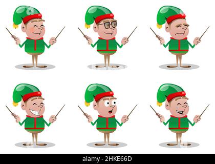 Dirigent des Weihnachtselfen-Orchesters. Vektor Cartoon Figur Illustration von Santa Claus kleinen Arbeiter, Helfer. Stock Vektor