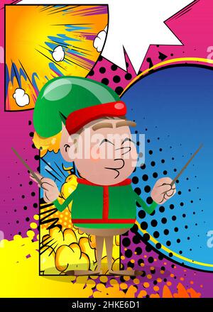 Dirigent des Weihnachtselfen-Orchesters. Vektor Cartoon Figur Illustration von Santa Claus kleinen Arbeiter, Helfer. Stock Vektor