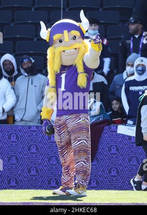 Las Vegas, Nevada, USA. 3rd. Februar 2022. Minnesota Vikings Maskottchen Viktor the Viking während der NFC Pro Bowl Praxis im Las Vegas Ballpark in Las Vegas, Nevada. Darren Lee/CSM/Alamy Live News Stockfoto