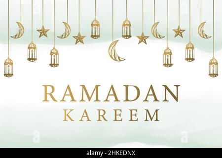 Handgezeichnetes Banner-Plakat mit Laternen, Sternen und Monden im Ramadan Kareem Stock Vektor