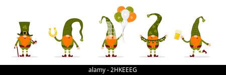 St. Patrick Day Gnome. Niedliche Leprechaunen mit festlichen Elementen. Vektor-Illustration im flachen Cartoon-Stil. Handgezeichnete Zwerge für irische Feiertage Stock Vektor
