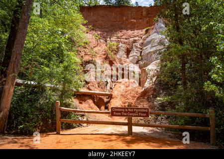 Lumpkin, Georgia, USA - 6. Juni 2021: Blick auf eine der Canyon-Wände ohne Kletterschild im Providence Canyon State Park im Südwesten von Georgia. Stockfoto