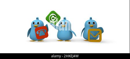 Niedliche blaue Vögel mit Kontaktsymbolen auf weißem Hintergrund, 3D Rendering Stockfoto