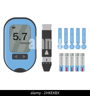 Symbole mit isolierter Vektorgrafik für Insulin-Stift-Spritze für Blutzuckermessgerät eingestellt. Stock Vektor