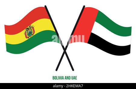 Bolivien und VAE Flaggen gekreuzt und winkend Flat Style. Offizieller Anteil. Korrigieren Sie Die Farben. Stock Vektor
