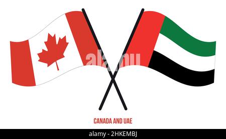 Kanada und die Vereinigten Arabischen Emirate Flaggen gekreuzt und winkend Flat Style. Offizieller Anteil. Korrigieren Sie Die Farben. Stock Vektor