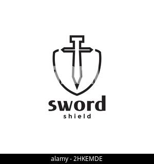 Linienschwert mit Schild Logo-Design, Vektor-Grafik Symbol Symbol Illustration kreative Idee Stock Vektor