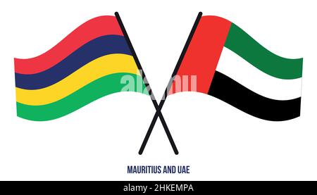 Mauritius und VAE Flaggen gekreuzt und winkend Flat Style. Offizieller Anteil. Korrigieren Sie Die Farben. Stock Vektor