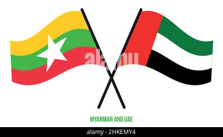 Myanmar und VAE Flaggen gekreuzt und winkend Flat Style. Offizieller Anteil. Korrigieren Sie Die Farben. Stock Vektor