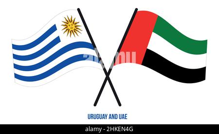 Uruguay und die Vereinigten Arabischen Emirate Flaggen gekreuzt und winkend Flat Style. Offizieller Anteil. Korrigieren Sie Die Farben. Stock Vektor
