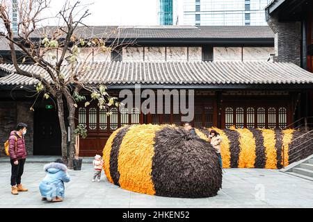 Familien, die Fotos vom chinesischen Neujahrsfest des Tigers in einem chinesischen Innenhof in Chengdu, Sichuan, China, machen Stockfoto