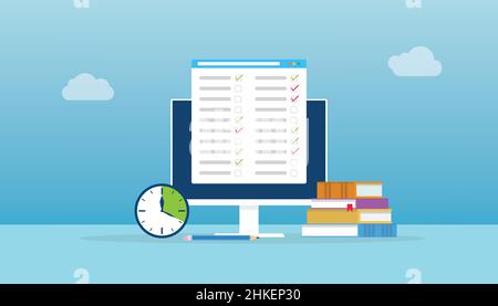 Online-Testkonzept mit Computer- und Papierfülltest und Büchern mit moderner Vektorgrafik im flachen Stil Stockfoto