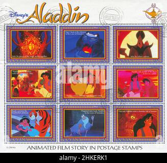 GUYANA - UM 1993: Briefmarke gedruckt von Guyana, zeigt Aladdin, Disney-Animationsfilm, um 1993 Stockfoto