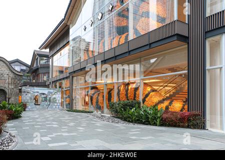 Glasgeschäfte von Sino Ocean Tai Kooli mit chinesischer Neujahrstiger-Tail-Dekoration in Chengdu, Sichuan, China Stockfoto