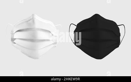 Weißes, schwarzes OP-Maskenmockup, 3D Rendering, isoliert auf Hintergrund. Schablone gekleidet schützendes Atmungssystem, kein Körper, blank Gesicht Verband, Stockfoto