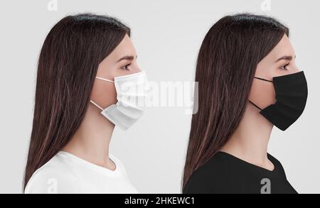 Modell einer weißen, schwarzen OP-Maske mit Ohrschlaufen auf einer Krankenschwester mit dunklem Haar, isoliert auf dem Hintergrund. Atemschutzmasken-Set für Design. Textur medizinisch b Stockfoto