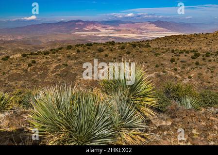 Morenci Kupfermine im Tagebau in Far dist 12 m N, hinter den White Mountains, Wüstenlöffel, Blick von Black Hills, in der Nähe von Clifton, Arizona, USA Stockfoto