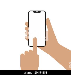 Hand eines Mannes, der das Smartphone hält und mit dem Finger auf den leeren Bildschirm zeigt. Vektordarstellung „App-Modell“. Stock Vektor