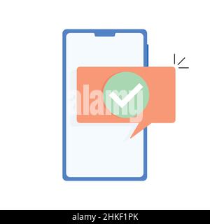 Aktivieren Sie die Benachrichtigung auf dem Smartphone genehmigen, bestätigen Sie die Aktualisierung mit Häkchen. Vektordarstellung der Anwendungsaktualisierung, Zahlungssymbol bestätigen, Nachricht genehmigen SCR Stock Vektor