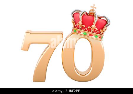 70th Jahre, golden 70 mit Krone, 3D Rendering isoliert auf weißem Hintergrund Stockfoto