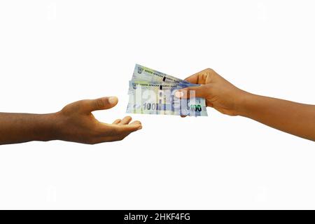 Hand, die einer anderen Hand 3D südafrikanische Rand-Noten gab. Hand, die Geld erhält Stockfoto