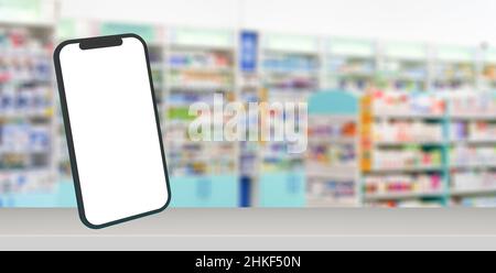 Pharmazie-Hintergrund. Blur Zähler der Apotheke mit Medikamenten, Tabletten, Pillen und Hand-Smartphone. Hochwertige Fotos Stockfoto