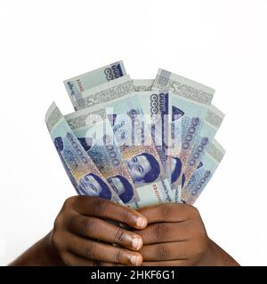 Schwarze Hände mit 3D gerenderten 1000 kambodschanischen Rielnoten. Nahaufnahme der Hände mit kambodschanischen Geldscheinen Stockfoto