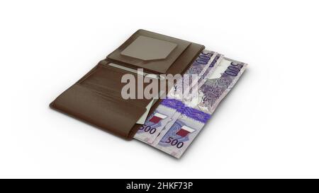 3D-Rendering von Qatar Riyal Notizen in Brieftasche Stockfoto