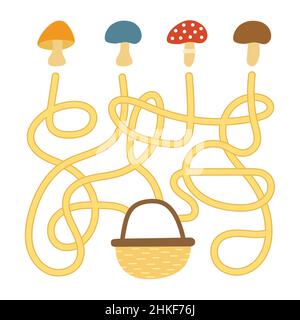 Labyrinth-Spiel für Kinder. Lustiges Labyrinth. Arbeitsblatt zur Entwicklung von Schulungen. Pilze und Korb. Puzzle für Kinder. Aktivitätsseite. Stock Vektor