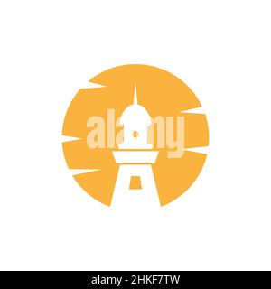 Negativer Raum Sonnenuntergang mit Leuchtturm-Logo-Design, Vektor-Grafik Symbol Symbol Illustration kreative Idee Stock Vektor