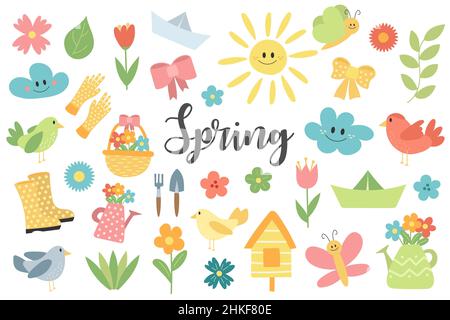 Sammlung von handgezeichneten Frühlingsartikeln für helles Design isoliert auf weißem Hintergrund. Einfache Symbole Stock Vektor