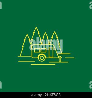 Camper van Linie mit Wald Kiefer Logo Design, Vektor Grafik Symbol Symbol Illustration kreative Idee Stock Vektor
