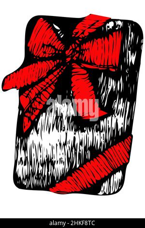 Schwarz-weiße Vektorskizze einer Geschenkbox, gebunden mit einem Band Stockfoto