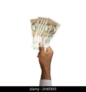 Schwarze Hand mit 3D gerenderten 200 kroatischen Kuna-Noten isoliert auf weißem Hintergrund Stockfoto