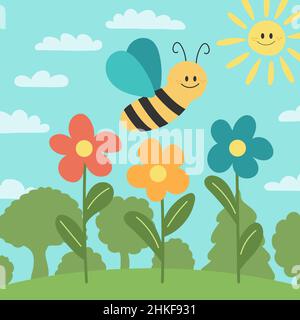 Niedliche Biene im natürlichen Hintergrund mit Blumen und Bäumen. Flaches Design - minimale Vektorgrafik für Kinder Stock Vektor