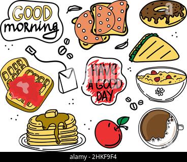 Ein Set an Speisen und Getränken zum Frühstück. Handgezeichnete Doodle-Stil-Elemente. Frühstück. Guten Morgen. Pfannkuchen auf einem Teller, Waffeln, Haferbrei mit Beeren Stock Vektor