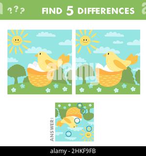 Finden Sie Unterschiede Spiel für Kinder. Urlaubsaktivität Seite mit lustigen Vogel, Nest und Eier. Bedruckbares Arbeitsblatt mit niedlichem Vogel. Frühling Puzzle für Kinder Stock Vektor