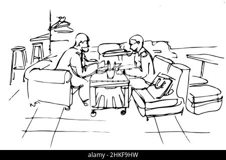 Schwarz-weiße Vektorskizze von zwei Freunden auf einer Couch in einem Café Stockfoto