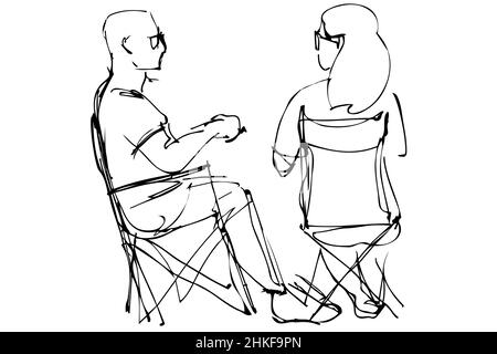 Schwarz-weiße Vektorskizze eines Mannes in einer Brille und einer Frau, die auf zusammenklappbaren Stühlen sitzt Stockfoto