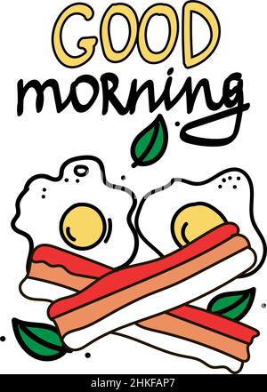 Morgenmahlzeit, handgezeichnete Elemente im Doodle-Stil. Frühstück. Guten Morgen. Eier mit Speck und Gemüse. Einfacher Vektor im Doodle-Stil. Stock Vektor