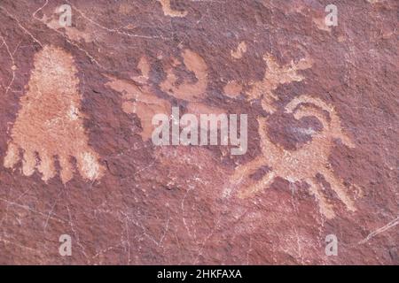 Detail der antiken Felszeichnungen der Ureinwohner Amerikas, Valley of Fire, Nevada Stockfoto