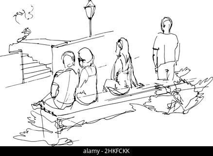 Schwarz-weiße Skizze einer Gruppe von Menschen, die sich auf einer Parkbank entspannen Stockfoto